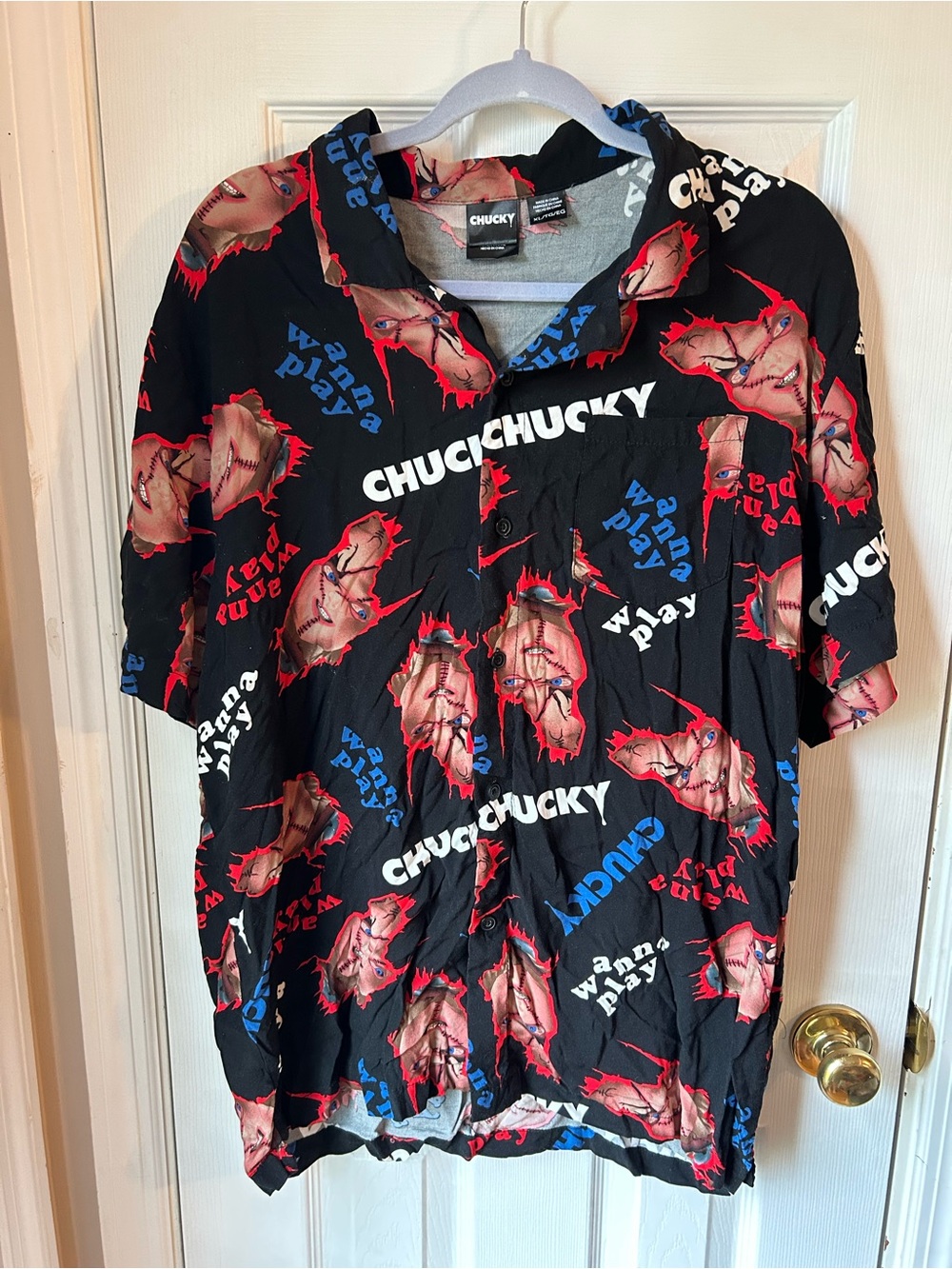 Chucky Graphic Short Sleeve Button-Down Shirt - Black & Red